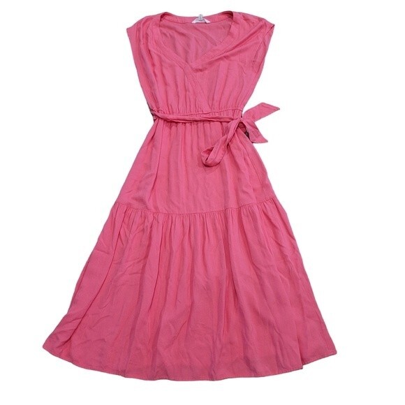 BB Dakota Holding On Tie Waist Tiered Midi Dress In Poppy Size Medium Pink - Picture 2 of 7